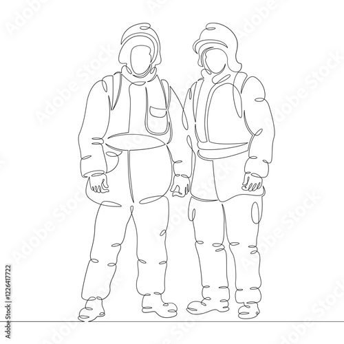 One continuous drawing line logo firefighter fireman rescuer in uniform and helmet at work .Single hand drawn art line doodle outline isolated minimal illustration cartoon character flat