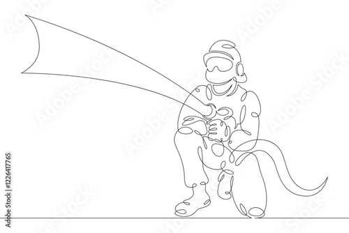 One continuous drawing line logo firefighter fireman rescuer in uniform and helmet at work .Single hand drawn art line doodle outline isolated minimal illustration cartoon character flat