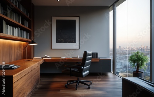 Sophisticated executive office suite featuring a dark leather chair, a minimalist wooden desk, and neatly organized business books.
