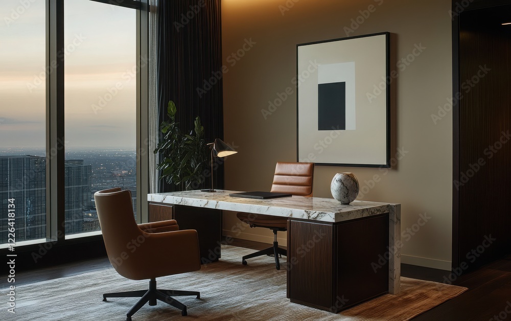 Fototapeta premium Sophisticated Italian-inspired office featuring a marble desk, ergonomic leather chair, and modern sculptures.