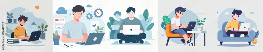 vector of male characters playing on a laptop vector of male characters playing on a laptop