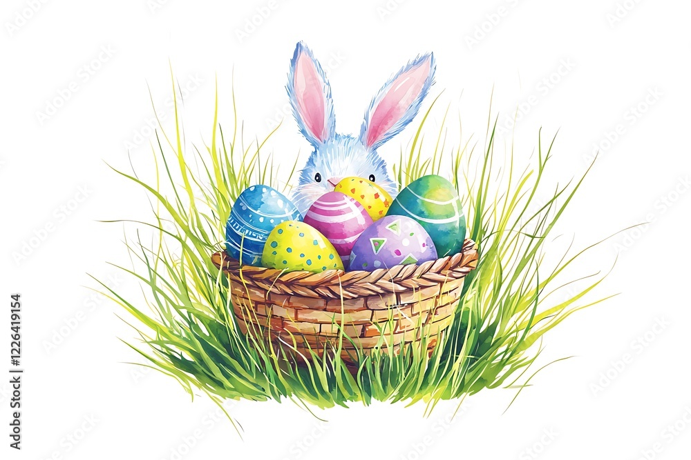 Fototapeta premium Easter day celebration watercolor style bunny and eggs in basket spring garden cheerful scene