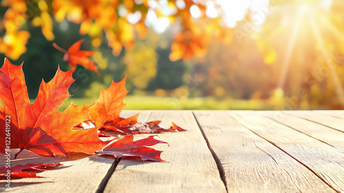 Autumn scene with red maple leaves on rustic table bathed in sunlight; perfect for seasonal home decor during fall holidays like Thanksgiving and Halloween, capturing the cozy atmosphere of harvest. photo