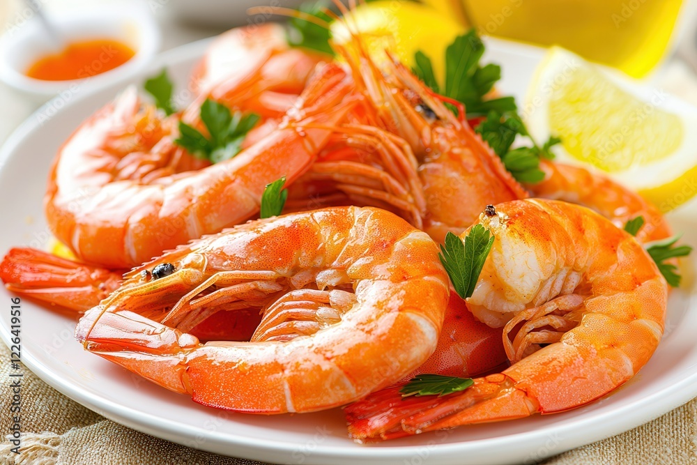 Camarón rojo Fresh shrimp plated with lemon and garnished with parsley. Camarón rojo Fresh shrimp plated with lemon and garnished with parsley.