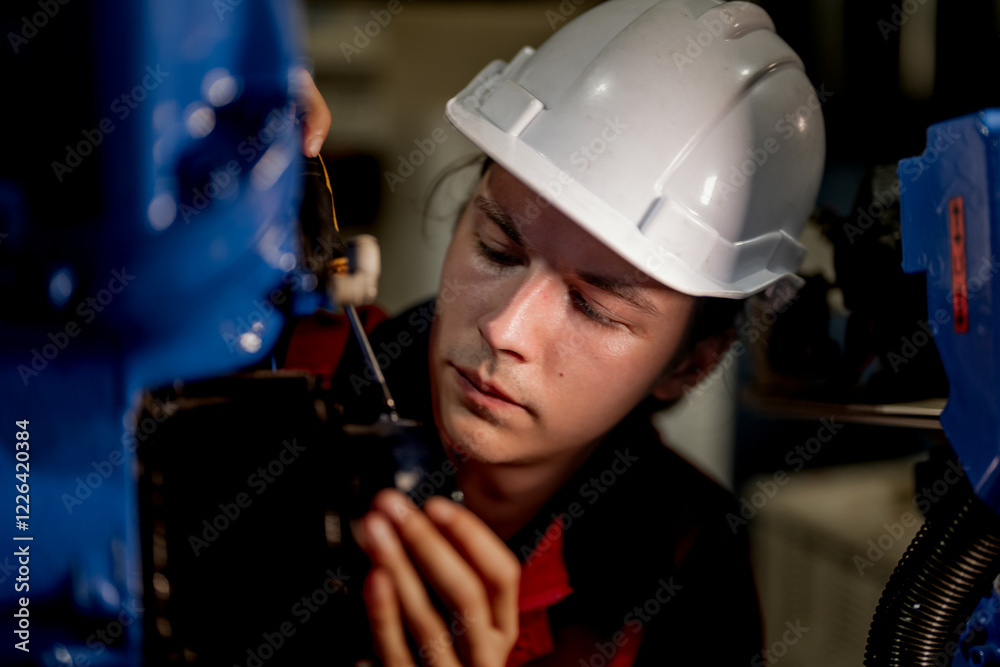 male engineer workers maintenance automatic robotic arm machine in a factory. worker checking and repairing automatic robot hand machine. technician worker check for repair factory machine. male engineer workers maintenance automatic robotic arm machine in a factory. worker checking and repairing automatic robot hand machine. technician worker check for repair factory machine.