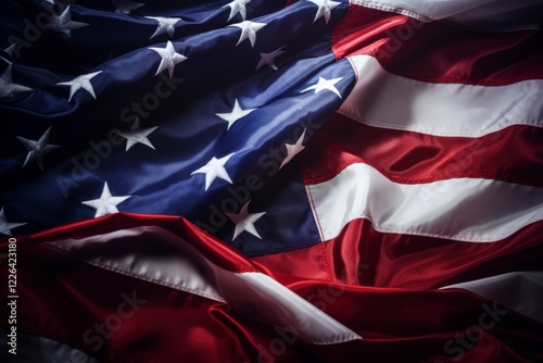 Closeup view of a dramatically lit American flag
