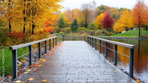 Autumn park path bridge over pond, colorful trees, peaceful scene, ideal for travel brochures