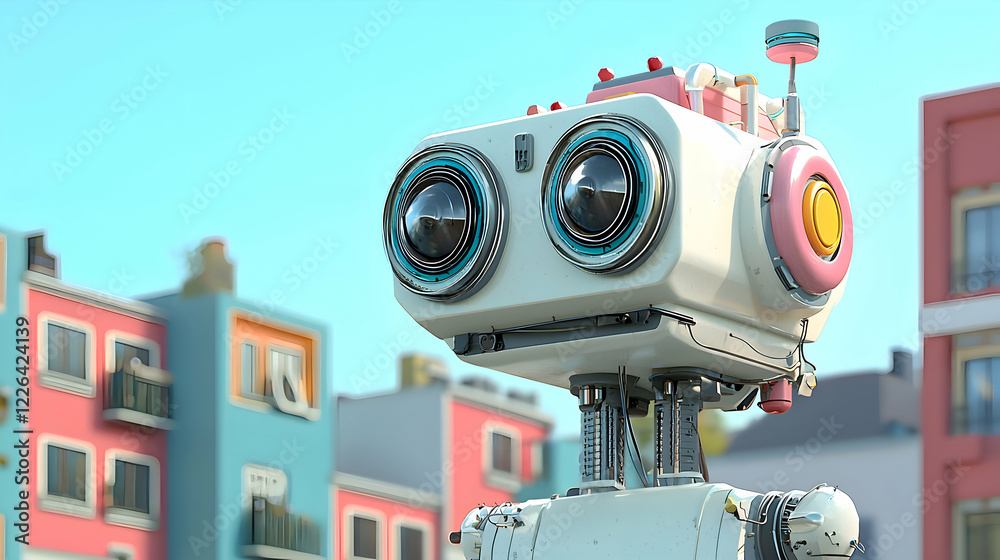 Fototapeta premium 3D rendered Pastel Robot in Blue, Pink, and White - blue background