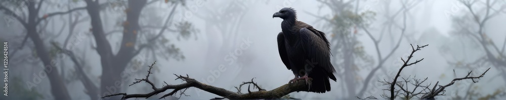 Black vulture perched on a branch in the midst of dense fog, tree branch, natural scene, black vulture Black vulture perched on a branch in the midst of dense fog, tree branch, natural scene, black vulture