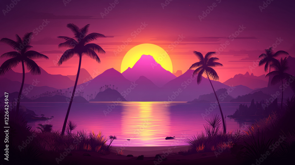 Naklejka premium Vibrant sunset over tropical island with palm trees and mountains
