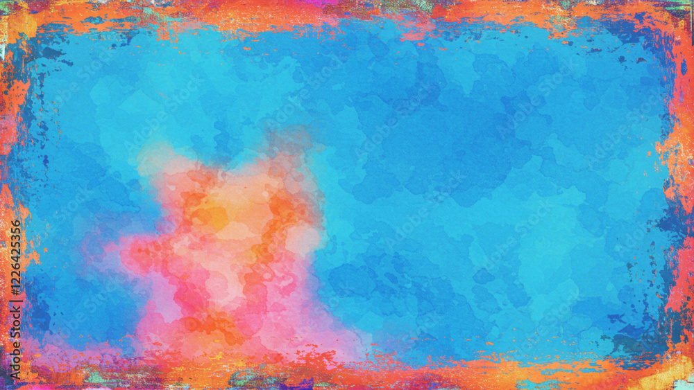 Fototapeta premium A blue watercolor backdrop featuring vibrant orange and pink borders, complemented by a bright central area. The design showcases watercolor bleeding and fringes, enhanced by a lively distressed grung