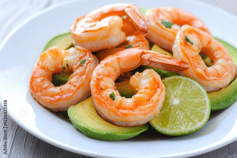 Camarón rojo Shrimp served with avocado slices and lime wedges on a white plate. Camarón rojo Shrimp served with avocado slices and lime wedges on a white plate.