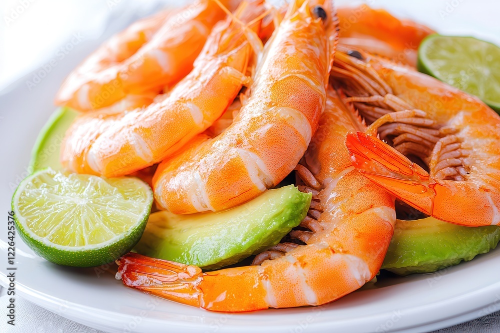Camarón rojo Shrimp dish garnished with lime and avocado slices on a white plate. Camarón rojo Shrimp dish garnished with lime and avocado slices on a white plate.