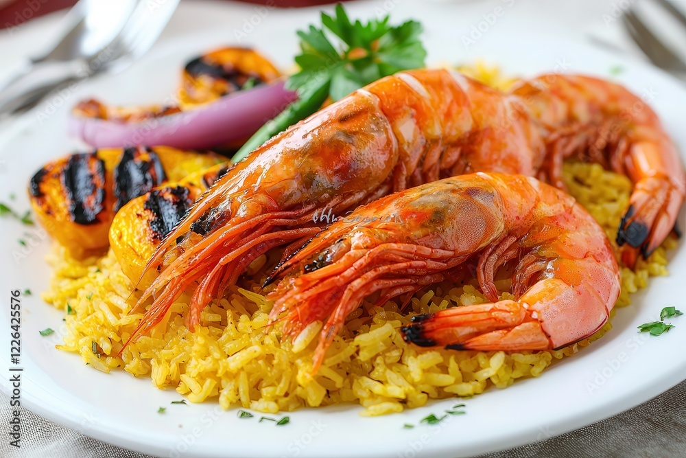 Camarón rojo Grilled shrimp served on a bed of yellow rice with vegetables. Camarón rojo Grilled shrimp served on a bed of yellow rice with vegetables.