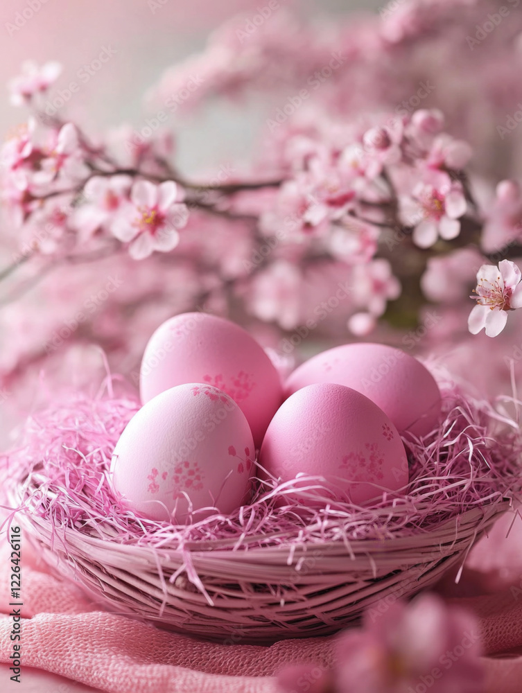pink easter eggs in a pink basket, everything in the photo is pink and very cute pink easter eggs in a pink basket, everything in the photo is pink and very cute