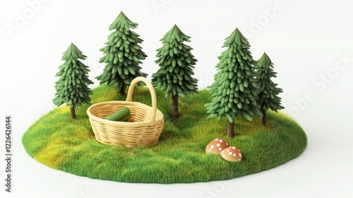 Miniature picnic basket in a forest clearing photo