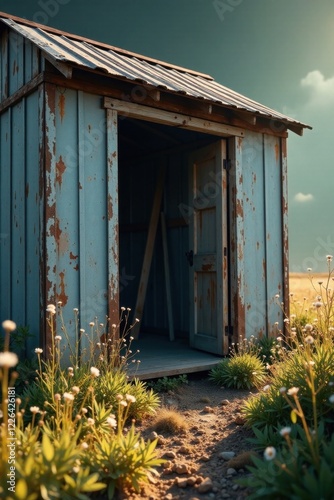 Rustic weathered outbuilding with open door, bathed in golden hour sunlight, surrounded by wildflowers and a subtle dirt path