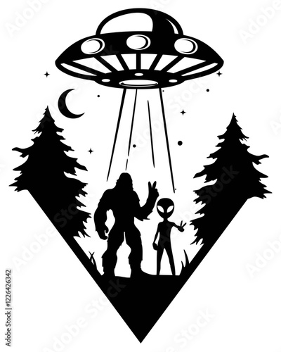 Bigfoot & Alien | Alien | Extraterrestrial | Yeti | Alien Invasion | Big Foot | Peace Sign | Unidentified Flying Object | Original Illustration | Vector and Clipart | Cutfile and Stencil	