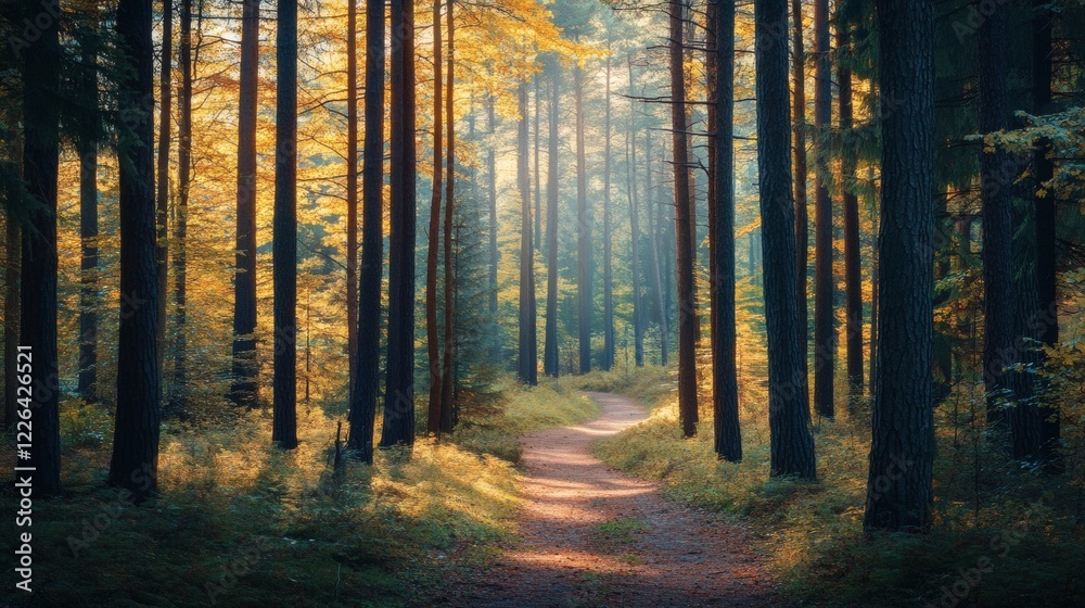 Sunlit Path Through Autumnal Forest Sunlit Path Through Autumnal Forest