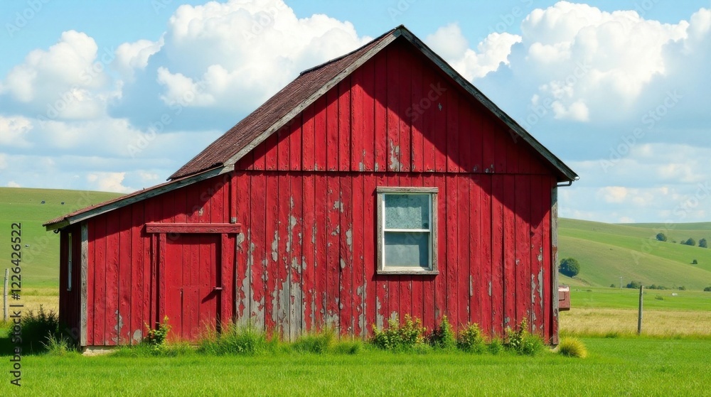 Rustic Red Barn with Peeling Paint Stands in a Verdant Meadow Under a Summer Sky Rustic Red Barn with Peeling Paint Stands in a Verdant Meadow Under a Summer Sky
