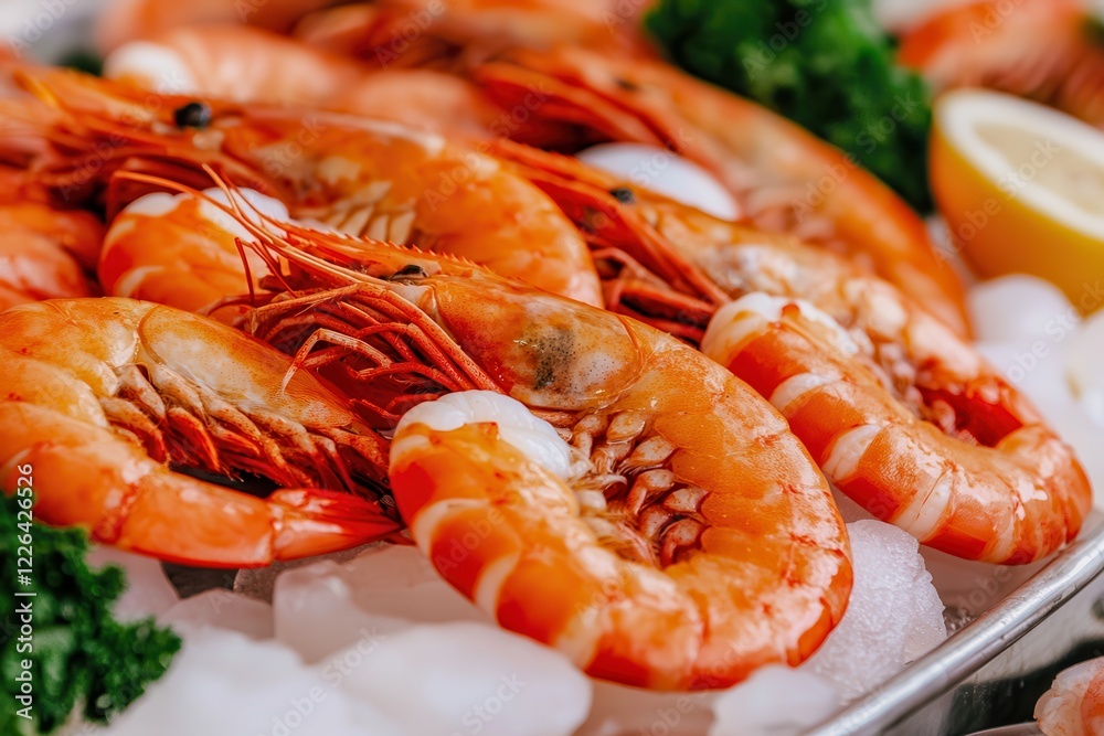 Camarón rojo Fresh cooked shrimp on ice with lemon and garnish. Camarón rojo Fresh cooked shrimp on ice with lemon and garnish.