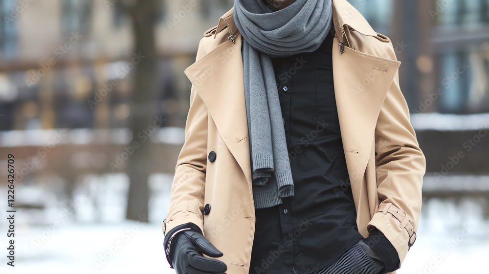 A stylish man stands confidently in a snow-covered urban environment, wearing a chic trench coat and scarf, embodying contemporary winter fashion for outdoor settings. A stylish man stands confidently in a snow-covered urban environment, wearing a chic trench coat and scarf, embodying contemporary winter fashion for outdoor settings.