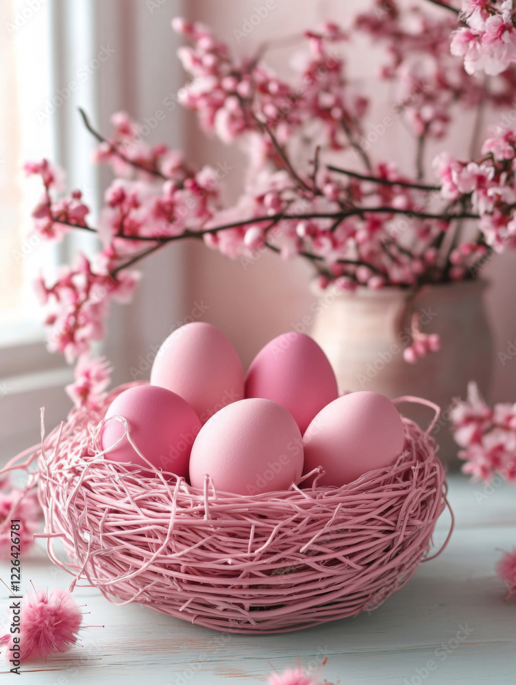 pink easter eggs in a pink basket, everything in the photo is pink and very cute pink easter eggs in a pink basket, everything in the photo is pink and very cute