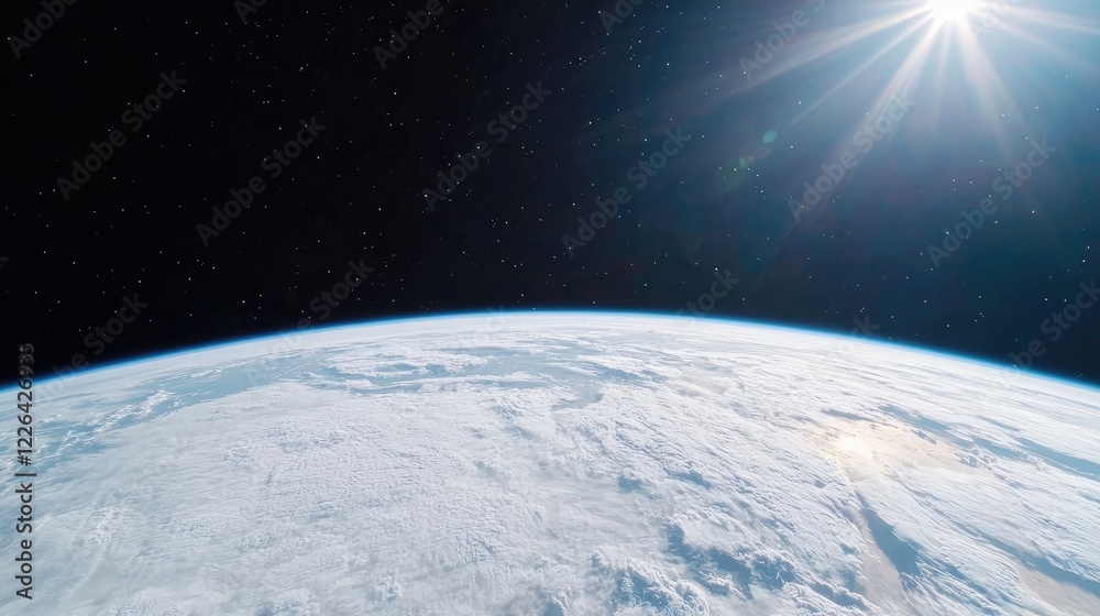 Fototapeta premium Planet Earth with a curved horizon and thick white cloud cover is illuminated by the bright sun shining in the dark void of outer space.
