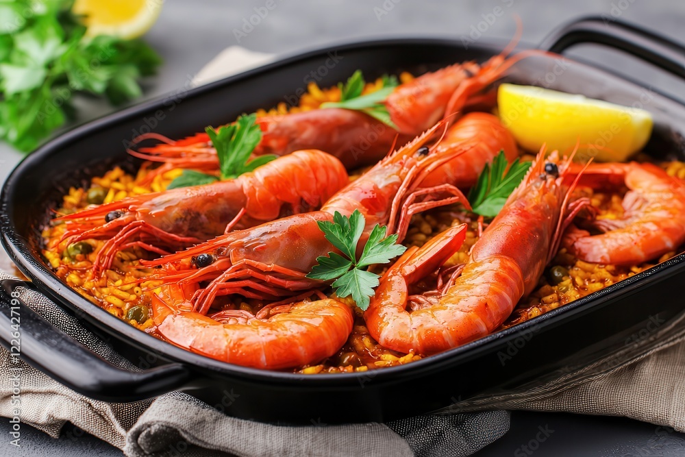 Camarón rojo Delicious shrimp dish garnished with lemon and parsley on rice. Camarón rojo Delicious shrimp dish garnished with lemon and parsley on rice.