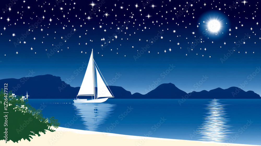 Naklejka premium sailboat glides under starry night sky on tranquil sea