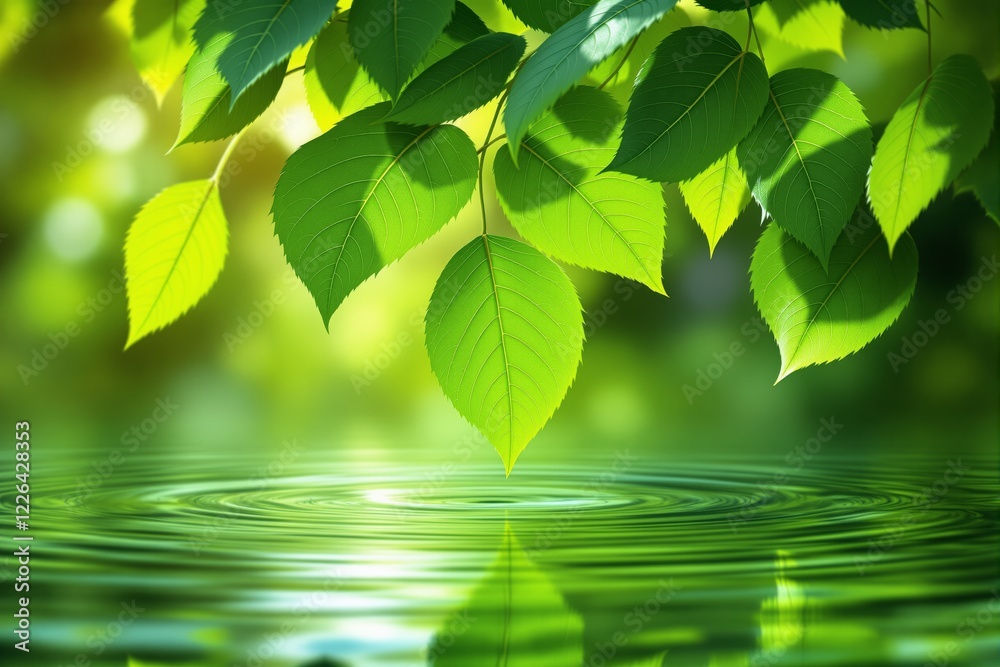Vibrant green leaves illuminated by sunlight, above rippling water creating concentric waves, against a blurred, light-filled nature background. Concept of tranquility. Ai generative Vibrant green leaves illuminated by sunlight, above rippling water creating concentric waves, against a blurred, light-filled nature background. Concept of tranquility. Ai generative