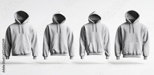 Four grey hoodies mockup, floating on white background. photo