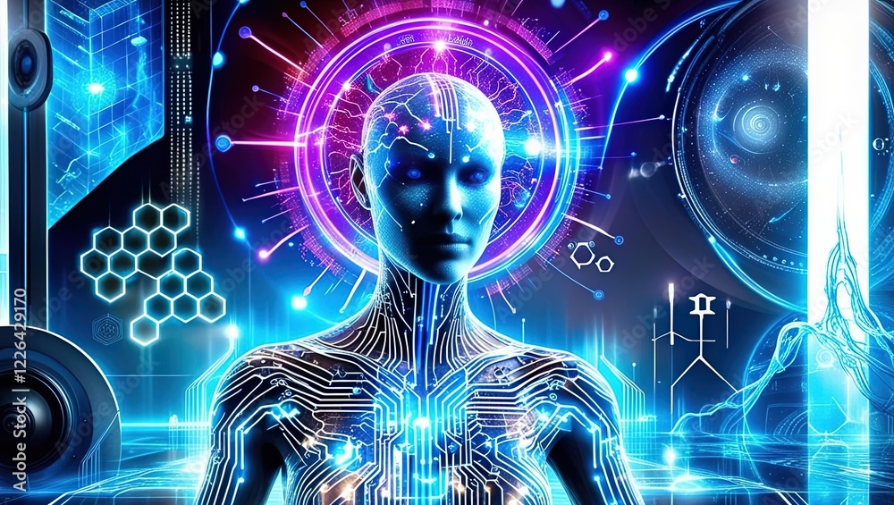 Fototapeta premium The Digital Awakening of AI Consciousness: A Futuristic Representation of Cybernetic Evolution, Advanced Neural Networks, and the Integration of Artificial Intelligence in a Smart and Technologically 