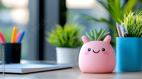 Adorable Cartoon Plant Pot on a Desk with Office Supplies