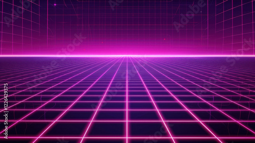 Wallpaper Mural vibrant retro grid landscape with neon pink and purple hues, creating futuristic atmosphere. grid pattern extends into horizon, evoking sense of depth and digital aesthetics Torontodigital.ca