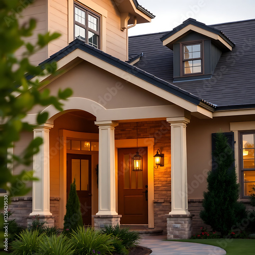 Luxury Home Exterior at Dusk: Elegant Brick Facade, Grand Entrance, and Landscaped Garden
