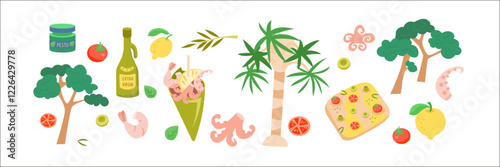 Liguria traditional Mediterranean Italian nature and cuisine. Local seafood, focaccia and olives, oil and lemons. Italy and tourism. Isolated vector illustration on white background. 