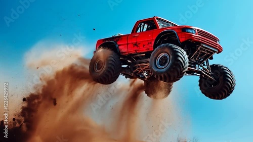 Red monster truck leaps through a cloud of dust in a desert landscape under a clear blue sky