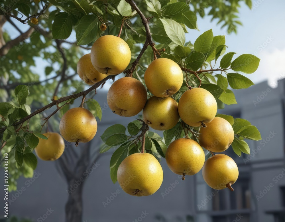 Branch with multiple Asian pears hanging from the tree, fruit, outdoor Branch with multiple Asian pears hanging from the tree, fruit, outdoor