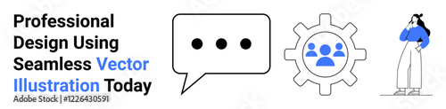 Speech bubble, gear icon with team, and person pondering represent teamwork, creativity, and problem-solving. Ideal for business, communication, networking, team building project management design