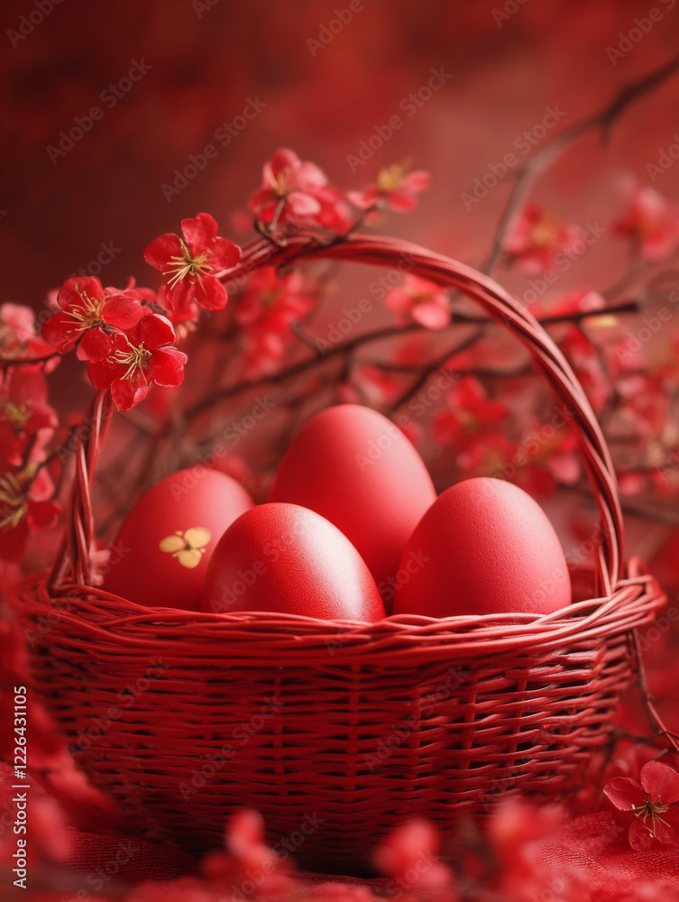 red easter eggs in a red basket, everything in the photo is red, very cute red easter eggs in a red basket, everything in the photo is red, very cute