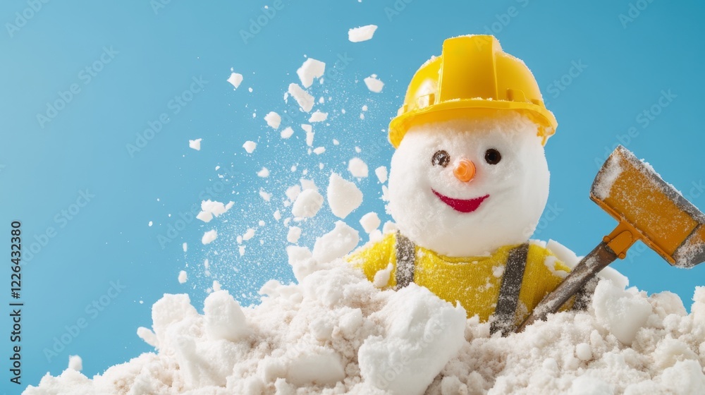 Obraz premium Cheerful Snowman in Construction Hat Surrounded by Snowy Scene