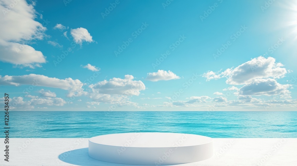 Sleek White Podium on Vibrant Blue Summer Background - Ideal for Modern Product Display Sleek White Podium on Vibrant Blue Summer Background - Ideal for Modern Product Display