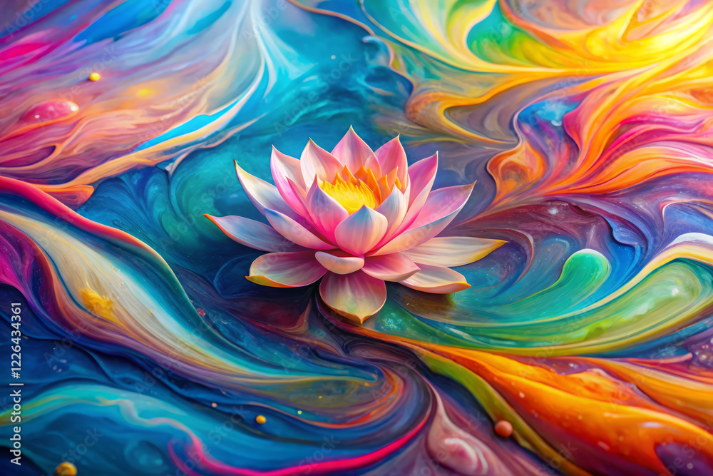 Vibrant lotus flower on colorful abstract background with fluid art Vibrant lotus flower on colorful abstract background with fluid art