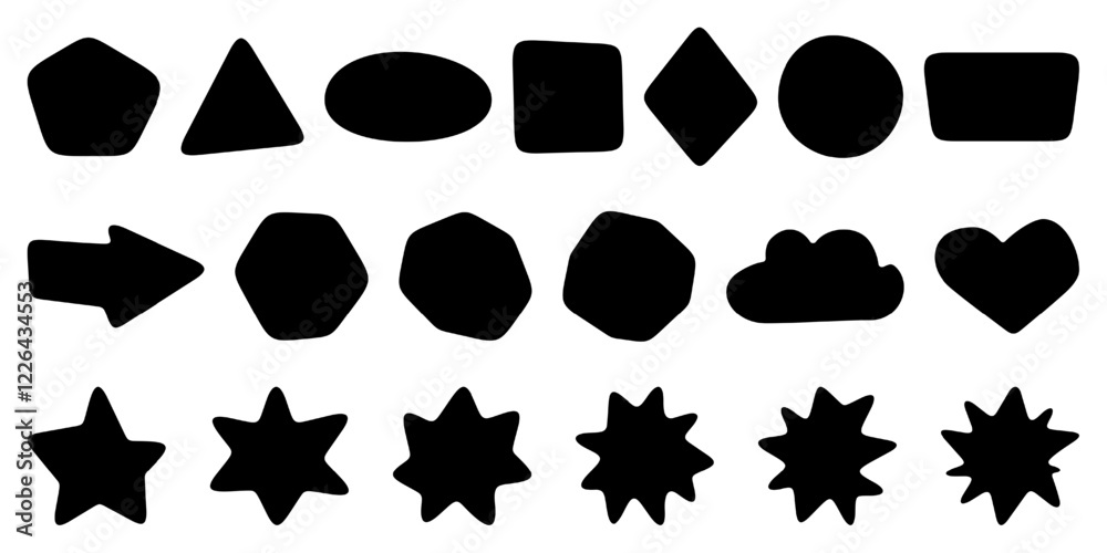 Rounded arrow, starburst diamond, triangle organic block for discount sticker. Fun square shape round card. Price box border, blob stamp, cartoon sale tag. Soft edges pyramid button bar. Text sticker