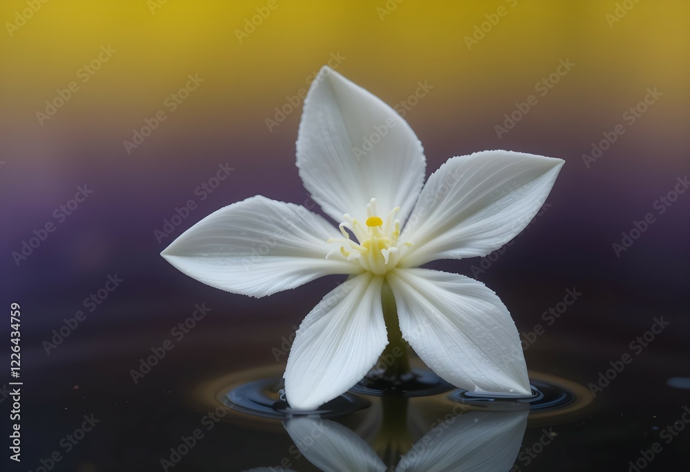 Obraz premium A close-up photograph of a delicate white flower with a yellow center, floating gracefully on the surface of water against a vibrant yellow and purple gradient background,