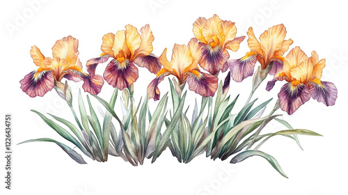 Watercolor illustration of Iris pseudata ‘Yarai’ (Japanese iris) with peachy-yellow petals and deep purple-burgundy centers photo