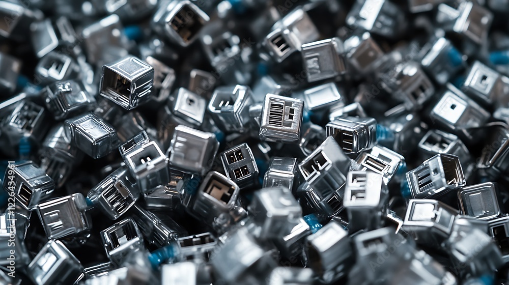 A large pile of metallic USB connectors. A large pile of metallic USB connectors.