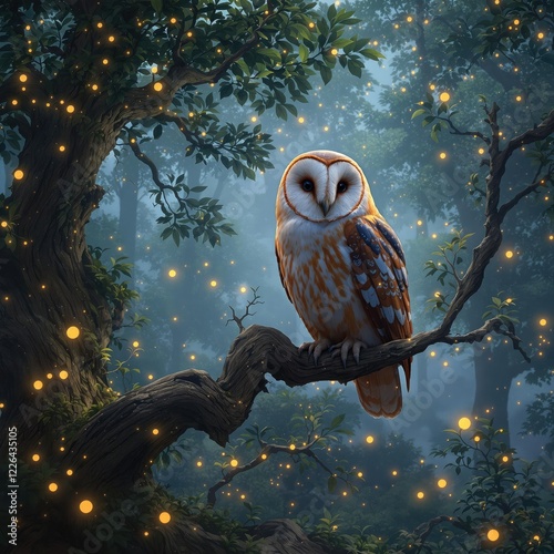 Captivating portrait of a barn owl in a mystical forest, staring, magical photo