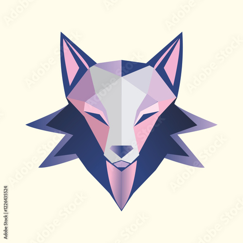 Colorful low-poly wolf vector illustration with geometric facets in pink and blue tones, logo design